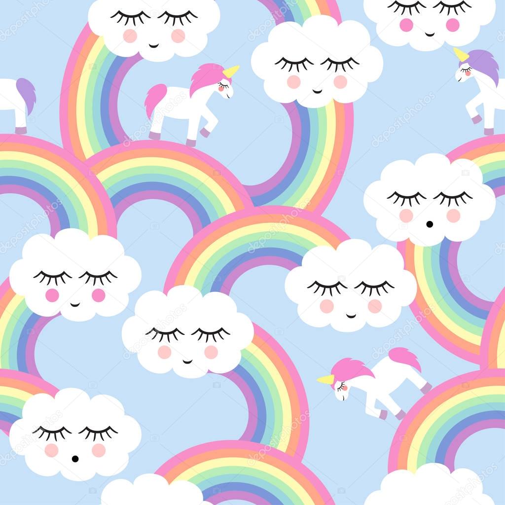 Seamless pattern with smiling sleeping clouds and rainbows