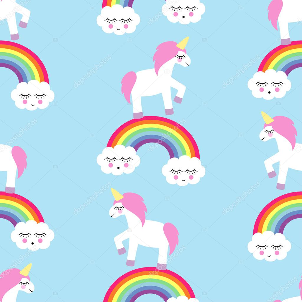 Seamless pattern with unicorns and rainbows