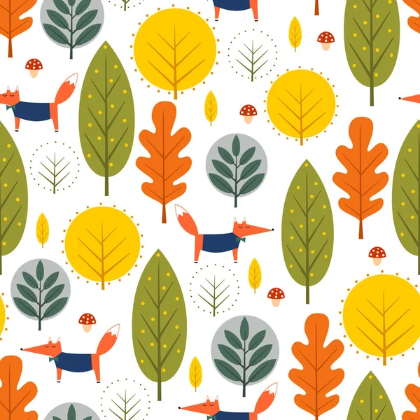 Herfst bomen en fox naadloze patroon op witte achtergrond. — Stockvector