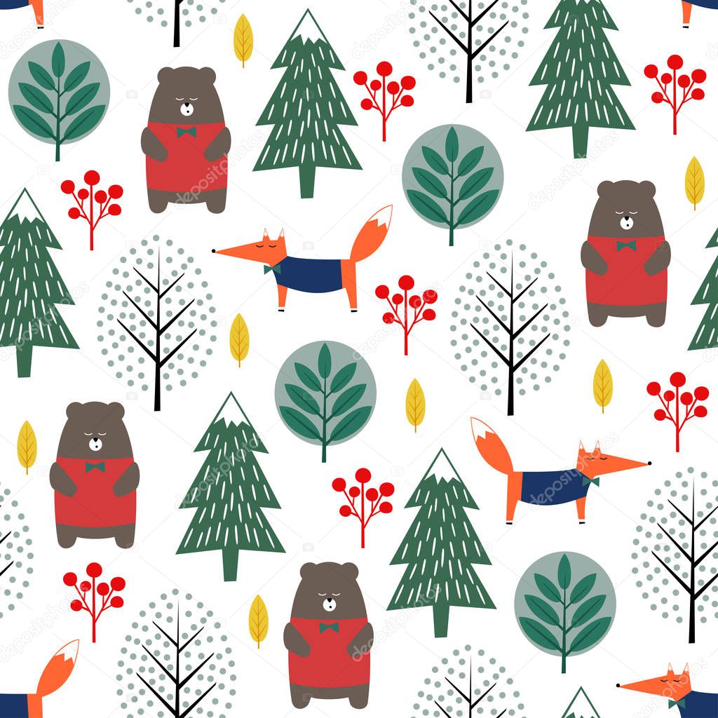 Fox, bear, trees and berries seamless pattern on white background.