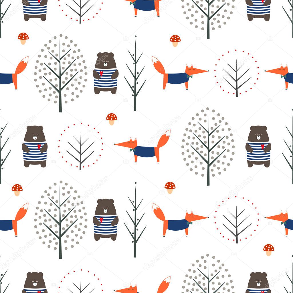 Fox, bear, trees and mushroom seamless pattern on white background.