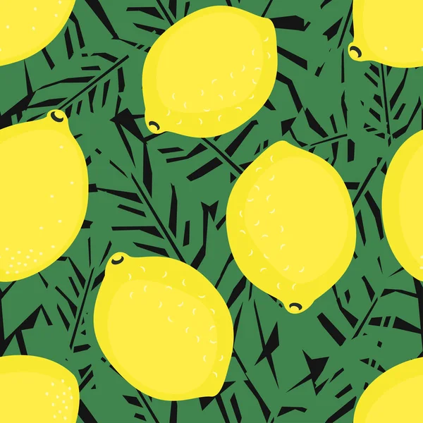 Lemons on palm leaves seamless decorative background. — Stock Vector