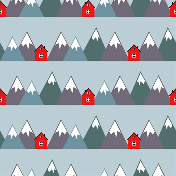 Nordische Landschaft mit roten Häusern und Bergen. — Stockvektor