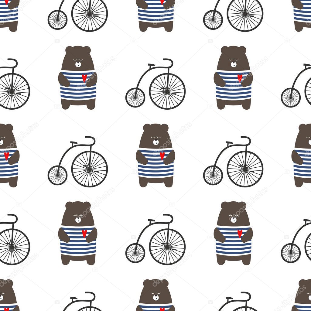 ビンテージ自転車のシームレスなパターンを持つクマします ストックベクター C In Dies Magis