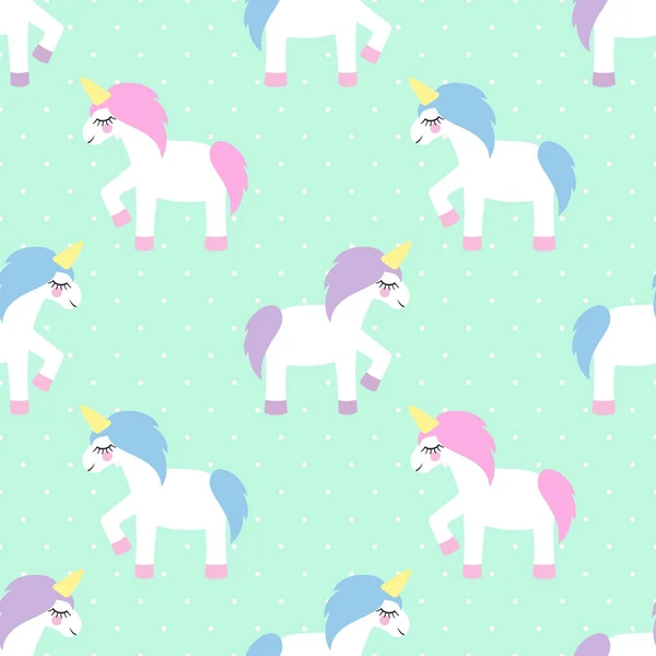 Unicorn seamless pattern on mint green polka dots background. — Stock Vector