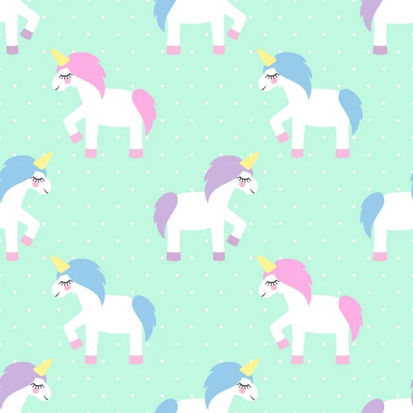 Unicorn motif sans couture sur fond vert menthe pois . — Image vectorielle