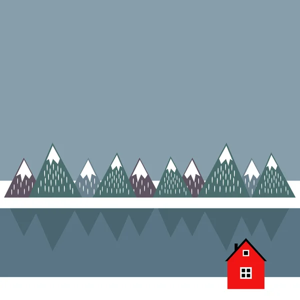 Милый скандинавский пейзаж с красным домом, морем и горами . — стоковый вектор