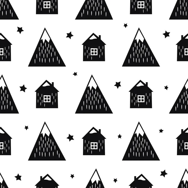 Чорно-білі скандинавські гори, будинки, зірки . — стоковий вектор