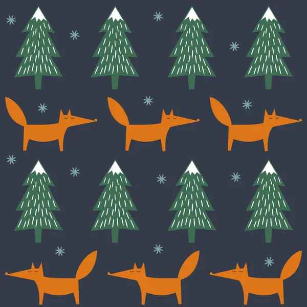 Fox, xmas fák, hópelyhek varrat nélküli mintát sötét kék háttér. — Stock Vector