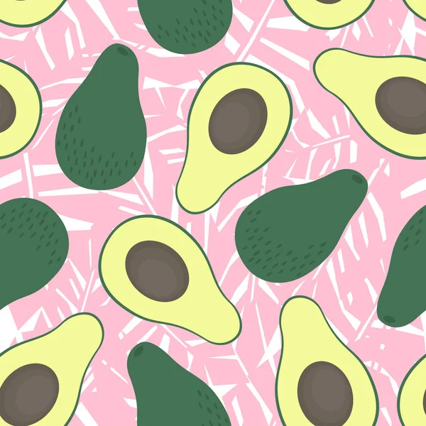 Avocado seamless pattern with pink tropical leaves on white background — Stock Vector