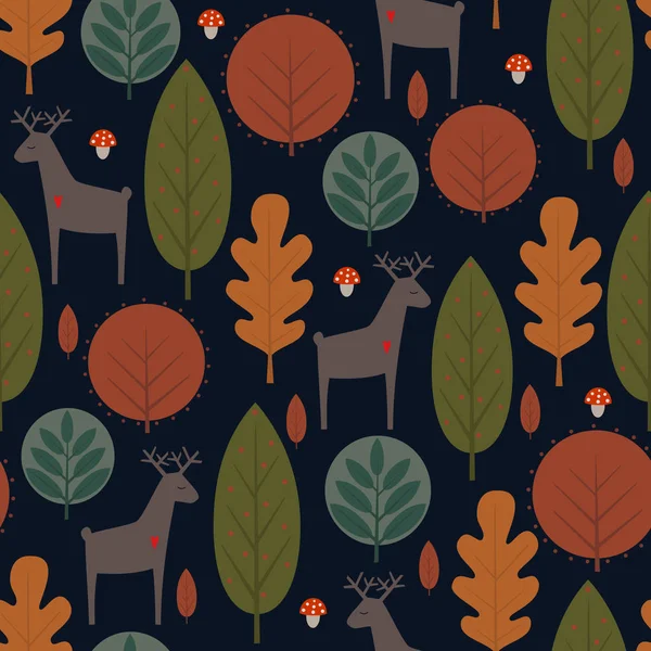 Árboles otoñales y ciervos patrón sin costuras sobre fondo oscuro . — Archivo Imágenes Vectoriales