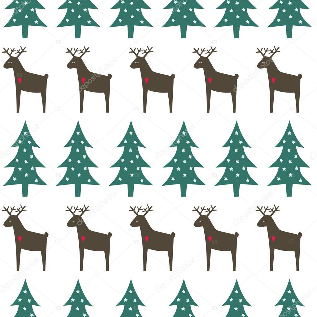 Christmas pattern - Xmas trees, deer and snowflakes.