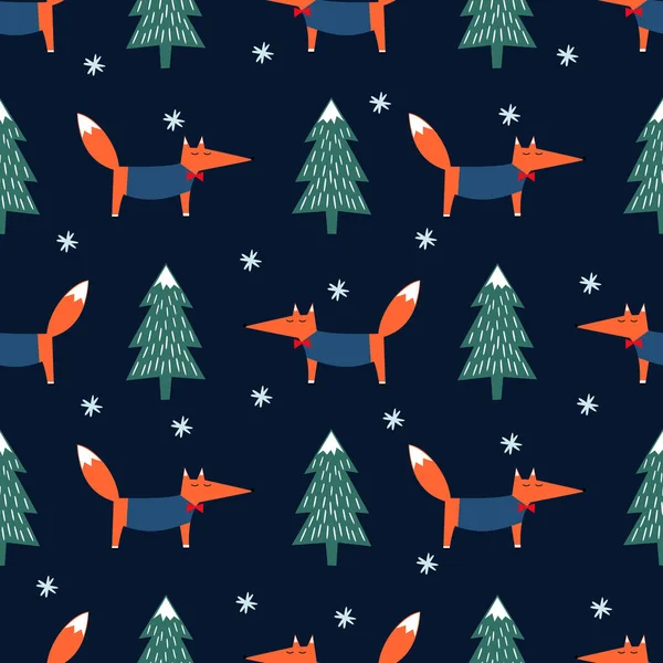 Fuchs, Weihnachtsbaum und Schneeflocke nahtloses Muster auf blauem Hintergrund. — Stockvektor
