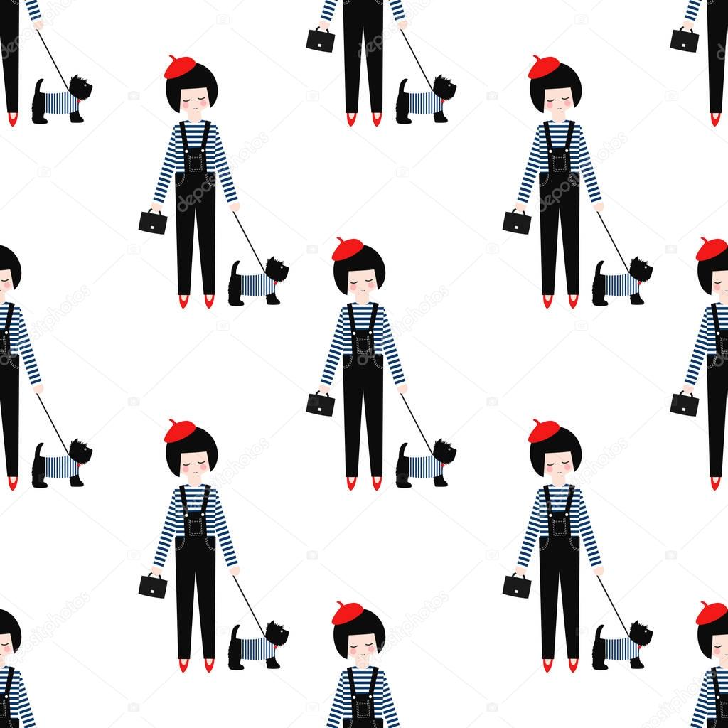 Cute girl with scottish terrier seamless pattern on white background.