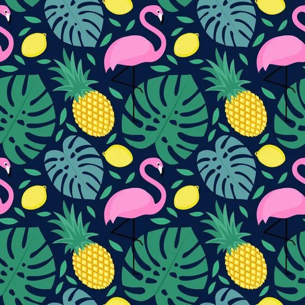 Seamless modeli ile flamingo, ananas, limon ve yeşil palmiye yaprakları — Stok Vektör