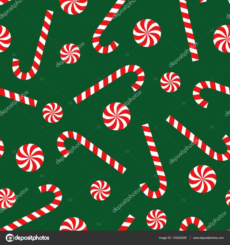 Candy cane and lollipop seamless christmas pattern on green background