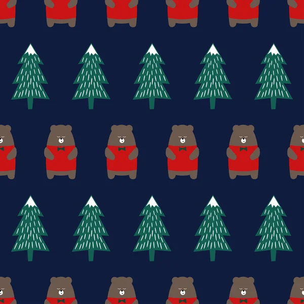 Lindo oso con el árbol de Navidad patrón sin costuras sobre fondo azul . Ilustración De Stock