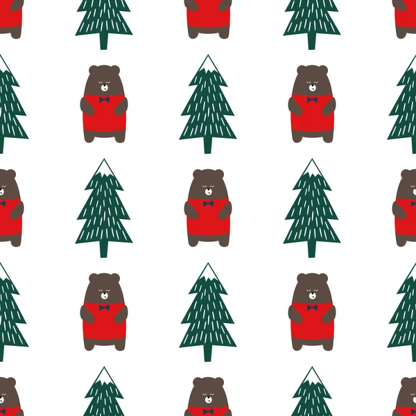 Lindo oso de dibujos animados y el árbol de Navidad patrón sin costuras . Ilustraciones De Stock Sin Royalties Gratis
