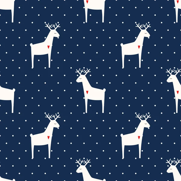 Deer with heart seamless pattern on polka dots blue background. — Stock Vector
