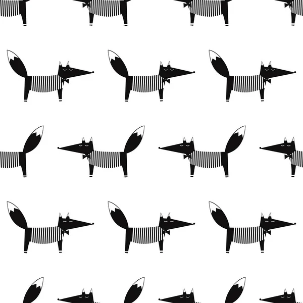 Fuchsnahtloses Muster. Schwarz-weiße Zeichentrickfoxy-Vektorillustration. — Stockvektor