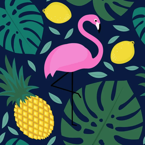Liści palmowych tropikalny wzór z owocami i ptaków egzotycznych — Wektor stockowy