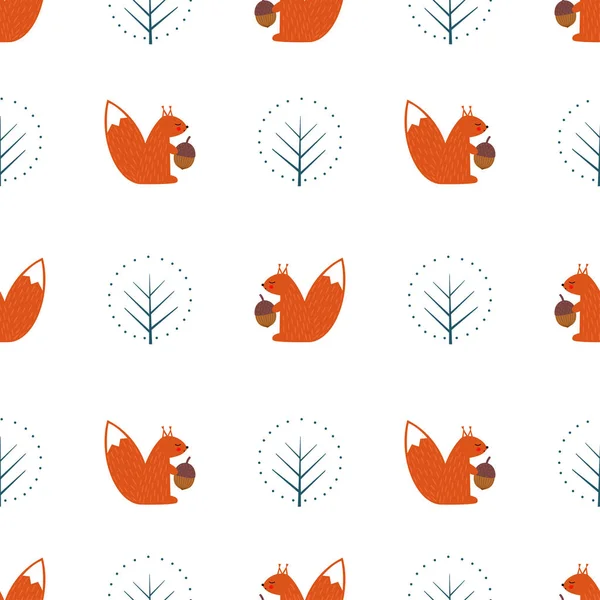 Eichhörnchen und dekorativer Baum nahtloses Muster auf weißem Hintergrund. Vektorgrafiken