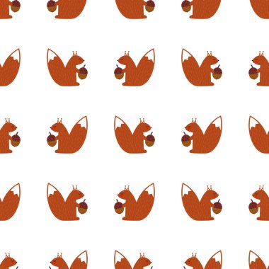 Beyaz arka plan üzerinde meşe palamudu seamless modeli ile sincap.