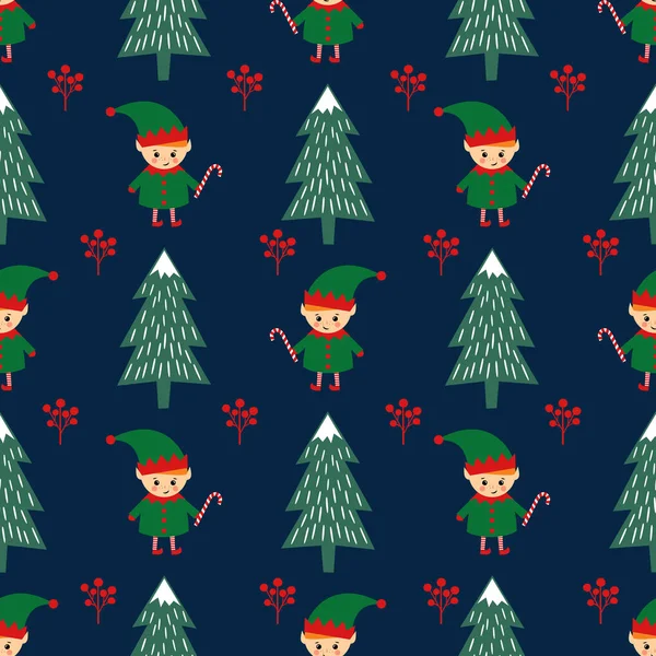 Árbol de Navidad y elfo con bastón de caramelo patrón sin costuras . Ilustraciones De Stock Sin Royalties Gratis