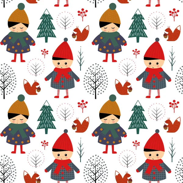 Leuke jongen en meisje wandelen in winter forest naadloze patroon. — Stockvector