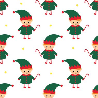 Noel elf ile şeker kamışı Dikişsiz desen beyaz arka plan üzerinde.