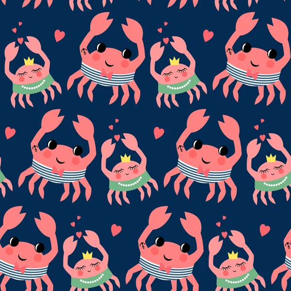 Mignon dessin animé marin crabe et fille de crabe motif sans couture sur fond bleu foncé . — Image vectorielle