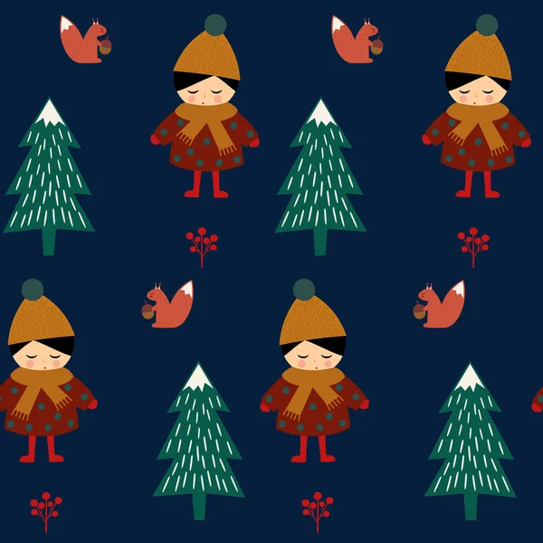 Linda chica con ardilla caminando en el bosque de invierno patrón sin costuras — Archivo Imágenes Vectoriales