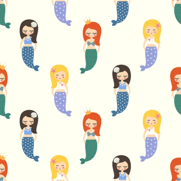 Niedliche Meerjungfrauen Mädchen nahtlose Muster auf weißem Hintergrund. — Stockvektor