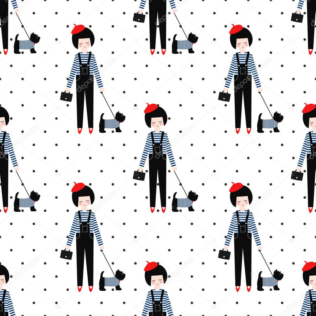 Cute girl with scottish terrier seamless pattern on polka dots background.