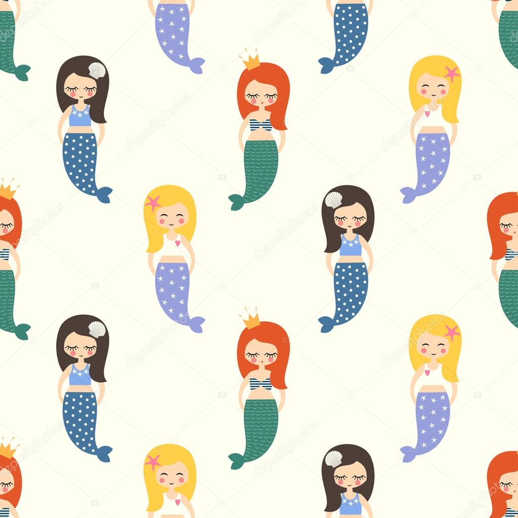 Cute mermaids girls seamless pattern on white background.
