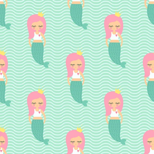 可爱的粉红色头发美人鱼女孩无缝模式上薄荷绿浪背景. — 图库矢量图片