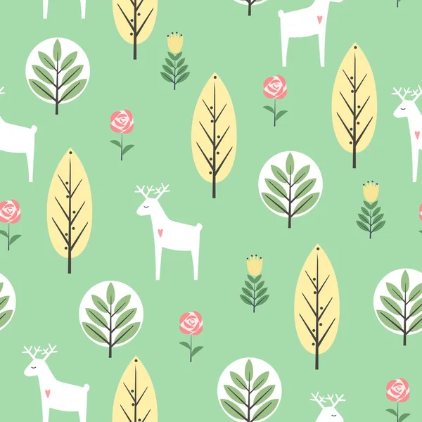 Spring trees, flowers and deer seamless pattern on mint green background. — Stock Vector