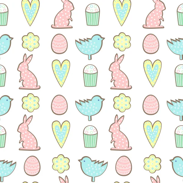 Easter cookies pattern - bunny, flowers, hearts easter eggs on white background. — Stock Vector