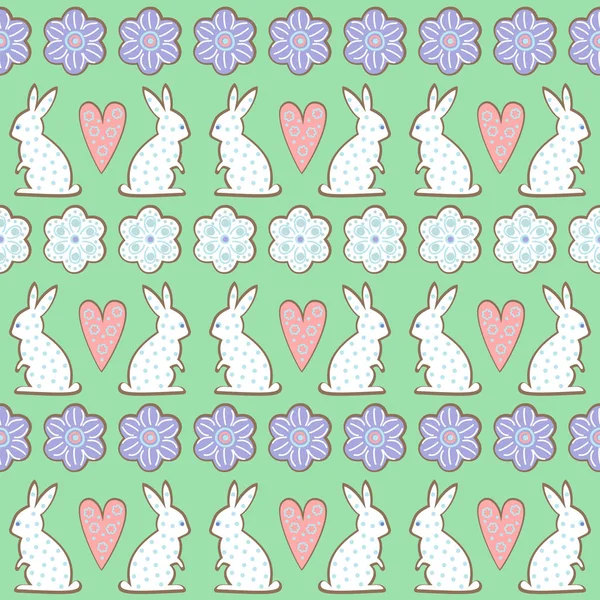 Easter pattern, card - bunny, flowers, hearts on mint green background. — Stock Vector