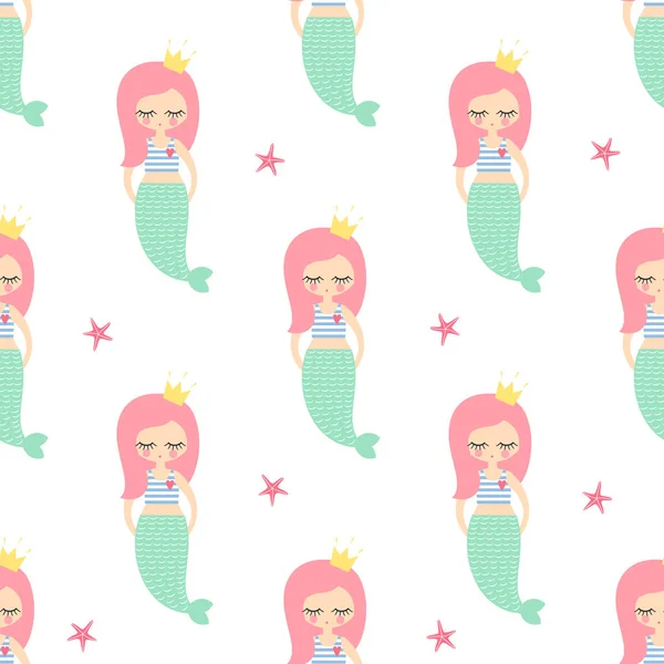 Mignon fille sirène cheveux roses avec motif sans couture étoile de mer sur fond blanc . — Image vectorielle