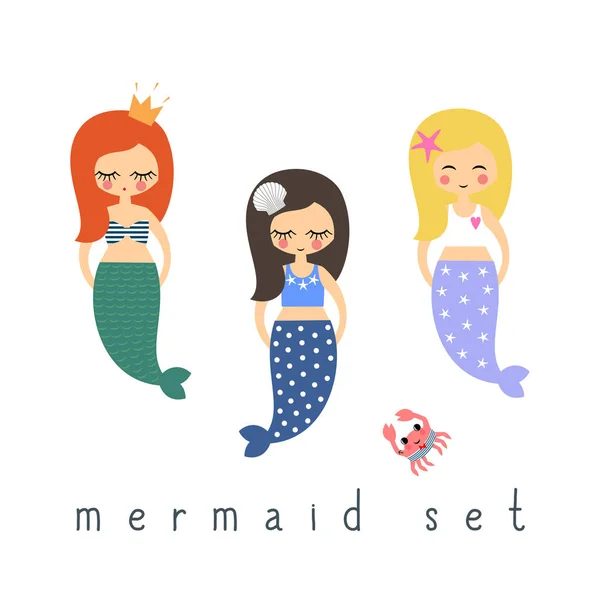 Lindas sirenas niñas conjunto sobre fondo blanco . — Vector de stock