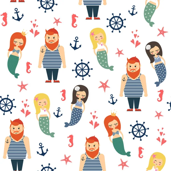 Zeemeerminnen meisjes met zeeman, anker, starfish naadloze patroon op witte achtergrond. — Stockvector