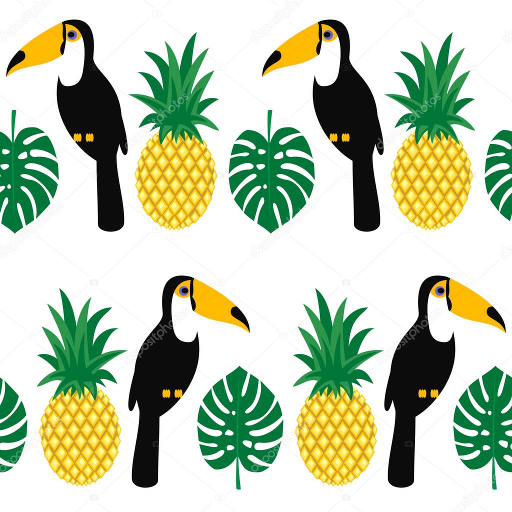 Tropical seamless pattern with toucans, palm leaves and pineapples.