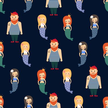 Sevimli deniz kızları kızlar koyu mavi zemin üzerine denizci seamless modeli ile.