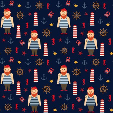 Donanma vektör kesintisiz deniz desen: sakallı denizci, deniz feneri, çapa ve deniz atı.