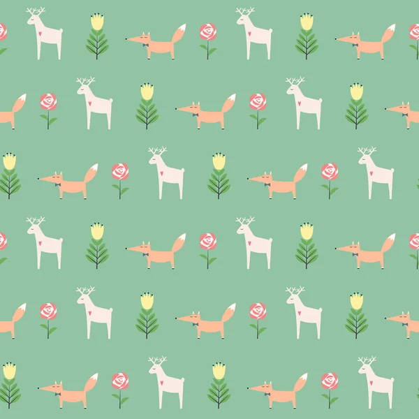 Beetje hert met fox en lente bloemen naadloze patroon op groene achtergrond. — Stockvector