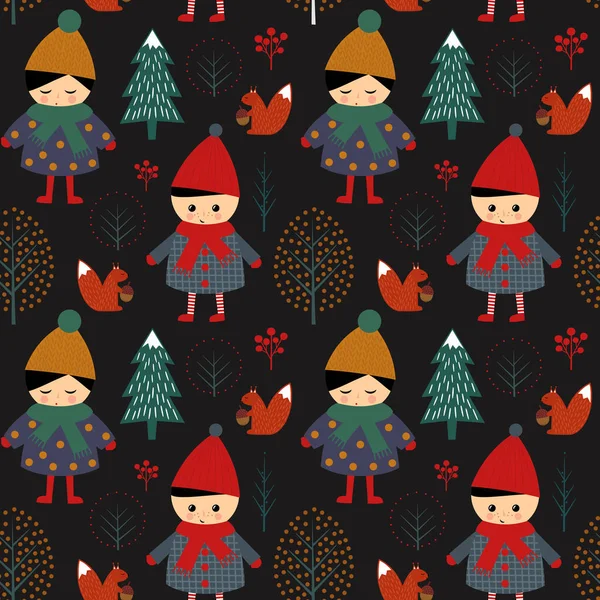 Lindo niño y niña caminando en el bosque de invierno patrón sin costuras sobre fondo negro . — Vector de stock