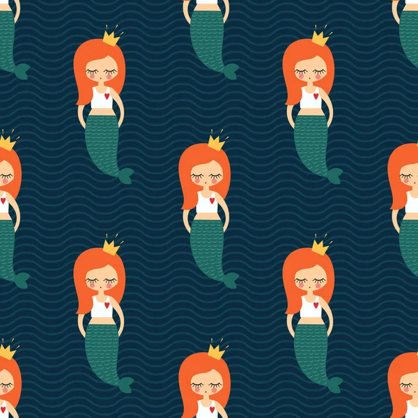 Linda pelirroja sirena chica sin costura patrón en fondo de ondas azul oscuro . — Vector de stock