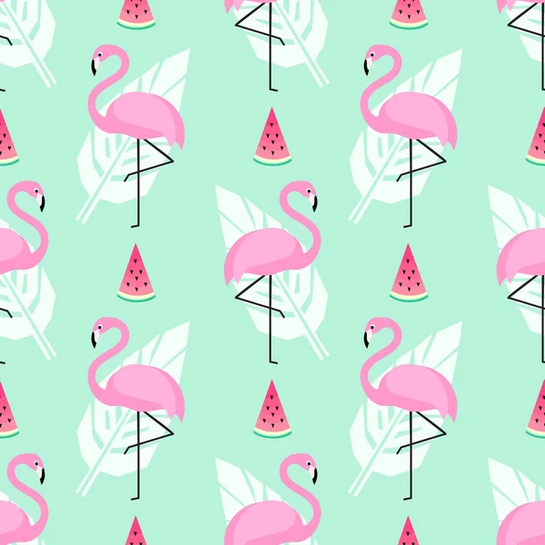 Tropical trendy seamless pattern with pink flamingos, watermelon and palm leaves on mint green background. — Stock Vector