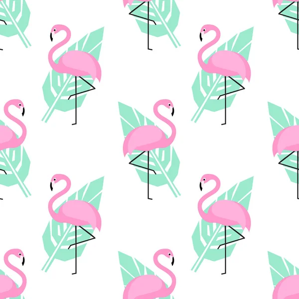 Tropical trendy seamless pattern with pink flamingos and green palm leaves on white background. — Stock Vector